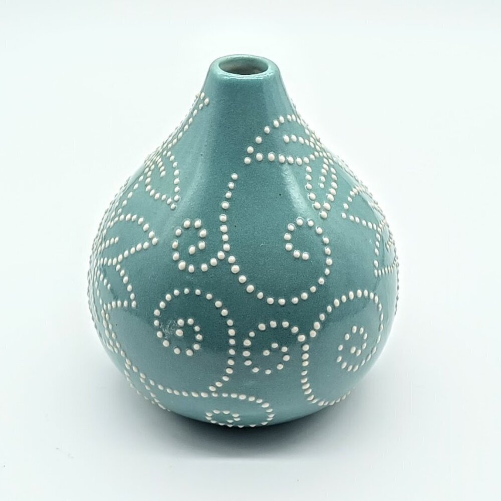 Crate & Barrel Aqua Blue White Stitch Embossed Dot Ceramic Bud Vase
